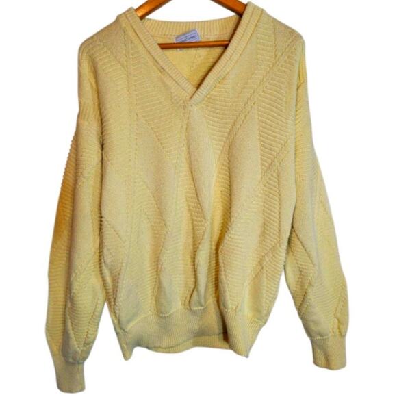 Vintage 80s Grand Banks Thick Knit Textured Cable Knit V-Neck Sweater Yellow - Picture 1 of 7